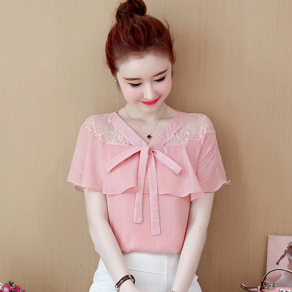 Ежедневна дамска блуза с къс ръкав и дантела в различни цветове