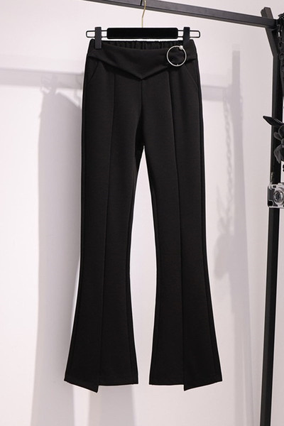 Актуален дамски черен панталон с еластична талия и кръгла катарама