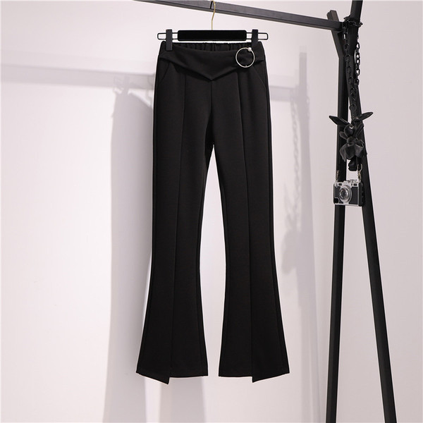 Актуален дамски черен панталон с еластична талия и кръгла катарама