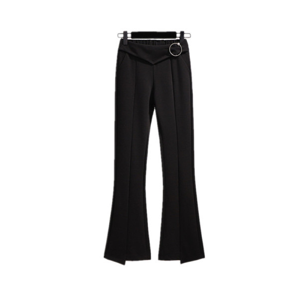 Актуален дамски черен панталон с еластична талия и кръгла катарама