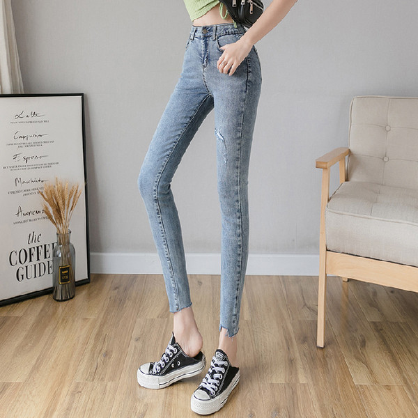 Blugi casual de dama cu talie inalta si motiv rupt