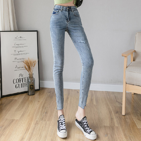 Blugi casual de dama cu talie inalta si motiv rupt