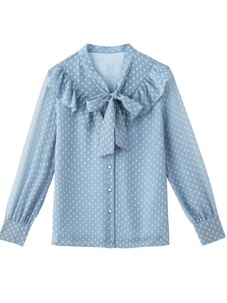 Stilingi moteriški mėlynos spalvos marškiniai su iškirpte su kaspinu