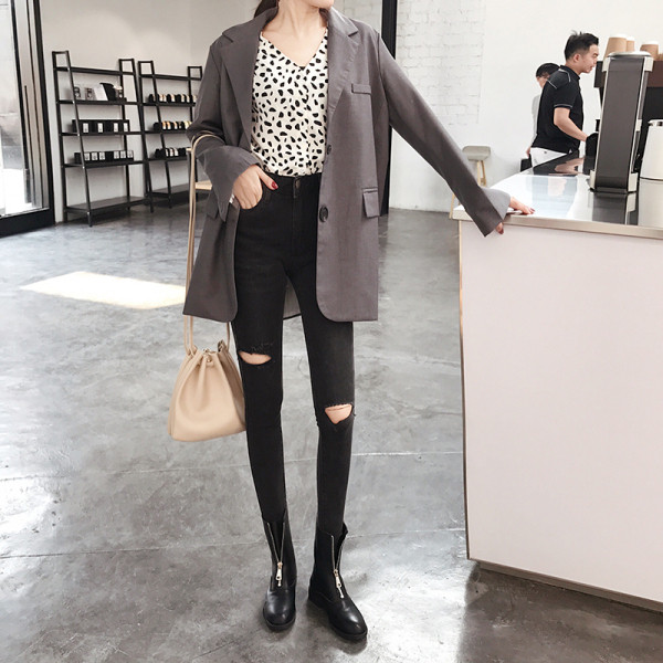 Blugi casual de dama cu motiv rupt si talie inalta in negru