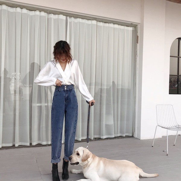 Alkalmi női hosszú farmernadrág zsebbel és magas derékkal