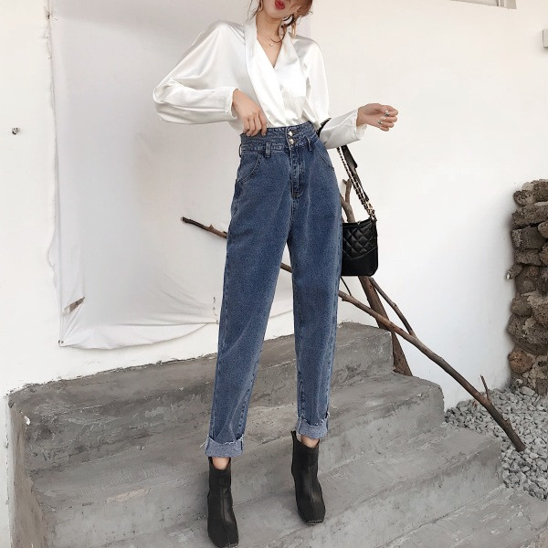 Alkalmi női hosszú farmernadrág zsebbel és magas derékkal