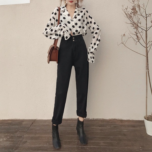 Alkalmi női hosszú farmernadrág zsebbel és magas derékkal