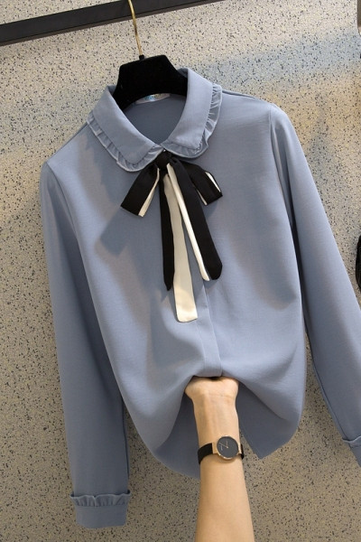 Pavasarim piemērots moderns sieviešu krekls ar apkakli un šifona lenti