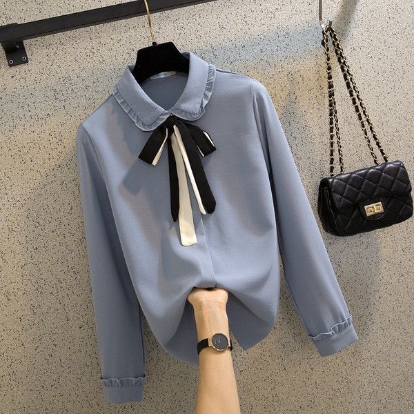 Pavasarim piemērots moderns sieviešu krekls ar apkakli un šifona lenti