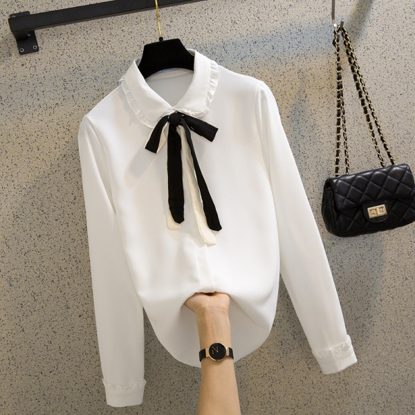 Pavasarim piemērots moderns sieviešu krekls ar apkakli un šifona lenti