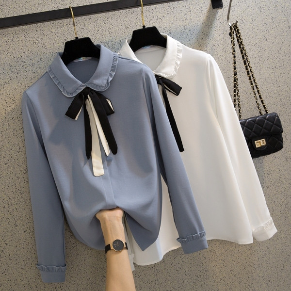 Pavasarim piemērots moderns sieviešu krekls ar apkakli un šifona lenti