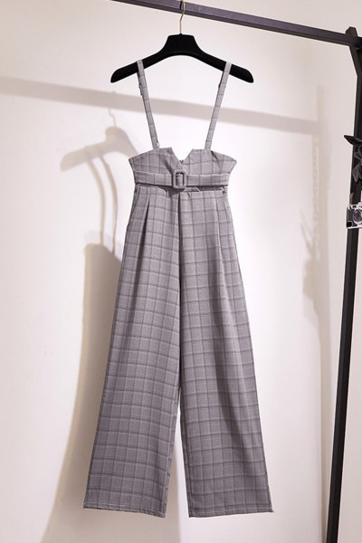 Uus mudel ruuduline naiste kombinesoon lai mudel õhukeste rihmade ja vööga