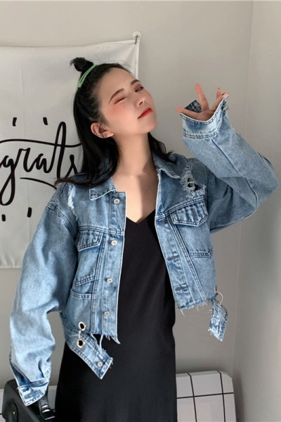 Női alkalmi farmerdzseki szakadt jobb és hosszú ujjú