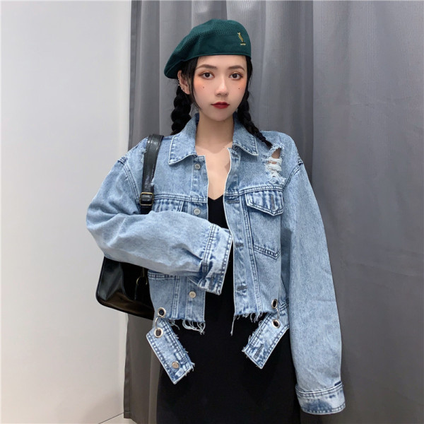 Női alkalmi farmerdzseki szakadt jobb és hosszú ujjú