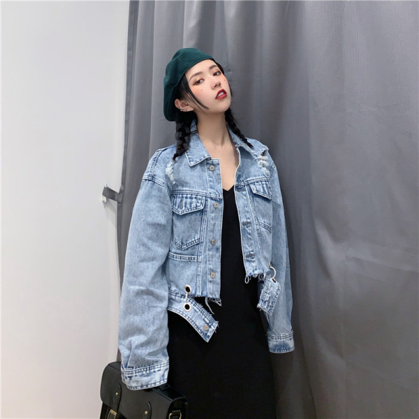 Női alkalmi farmerdzseki szakadt jobb és hosszú ujjú