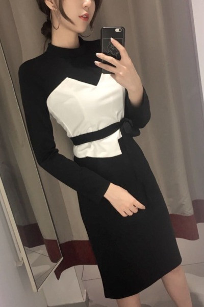 Ретро дамска рокля с дълъг ръкав и панделка 