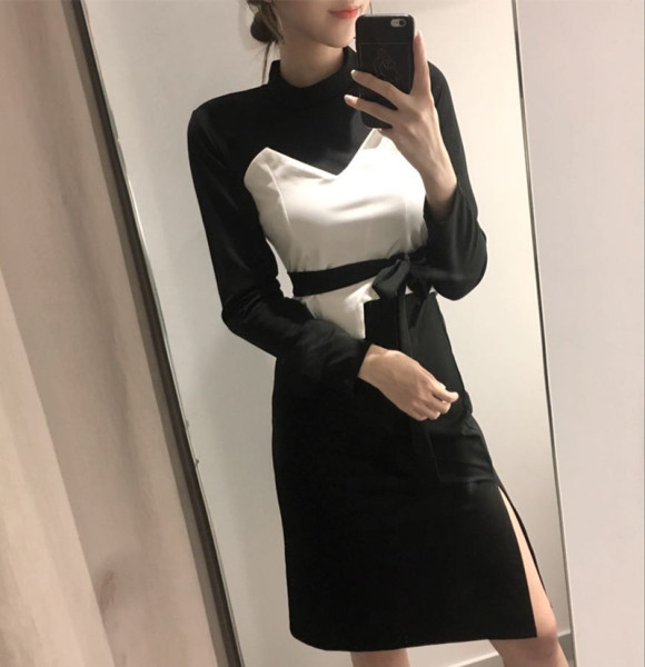 Ретро дамска рокля с дълъг ръкав и панделка 