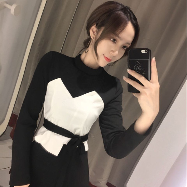 Ретро дамска рокля с дълъг ръкав и панделка 