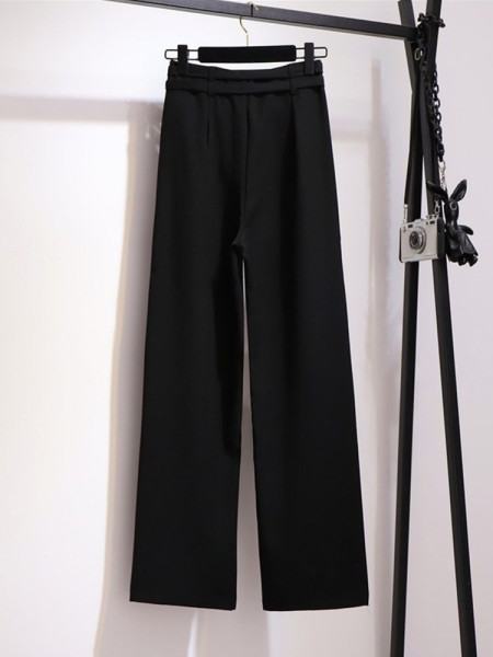 Fekete női széles modellnadrág gumis derékkal és dupla övvel