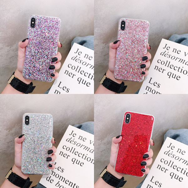 Läikivate osakestega silikoonümbris iPhone XS jaoks