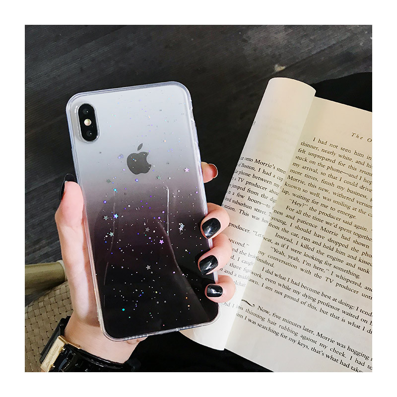 Силиконов калъф с преливащи цветове и лъскави частици за iPhone XS