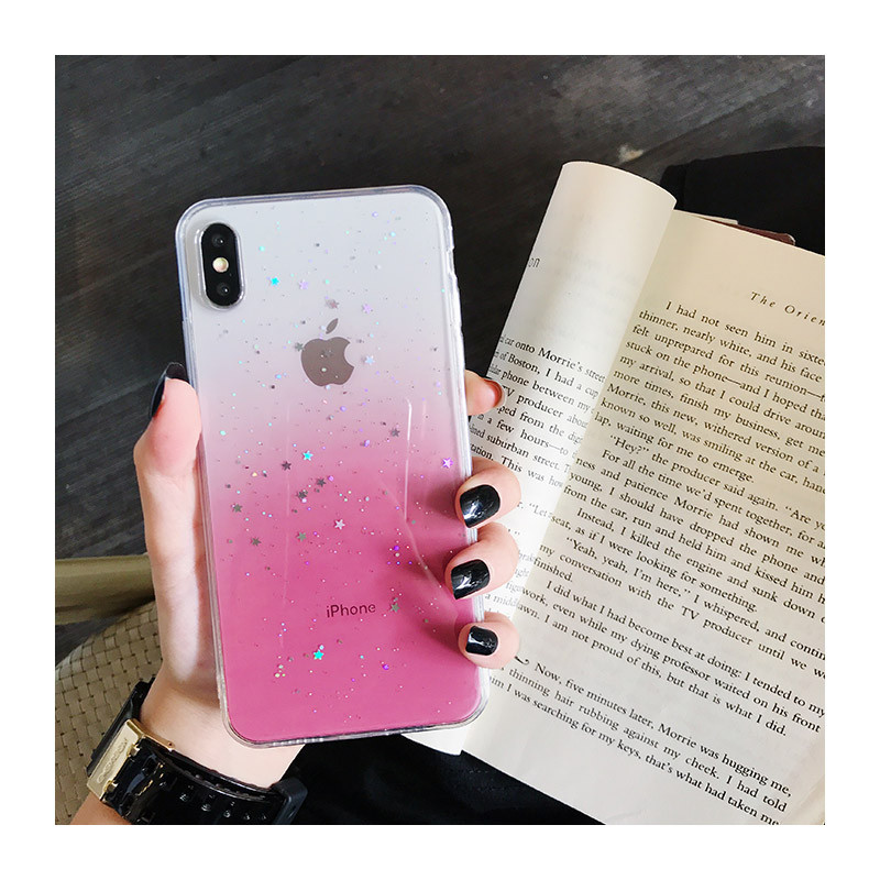 Силиконов калъф с преливащи цветове и лъскави частици за iPhone XS