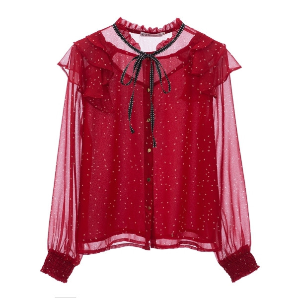 Modern női ing alacsony gallérral, nyakkendővel és hosszú szívecskékkel