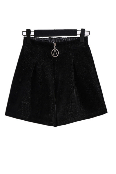 Sieviešu samta šorti plats modelis ar augstu vidukli un rāvējslēdzēju