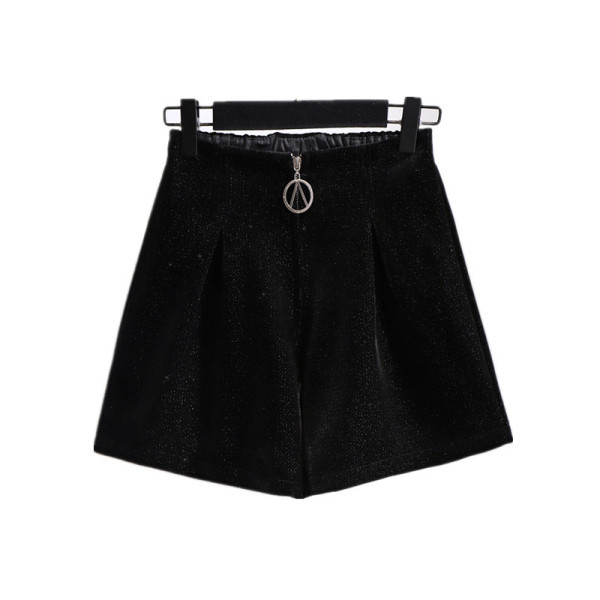 Sieviešu samta šorti plats modelis ar augstu vidukli un rāvējslēdzēju