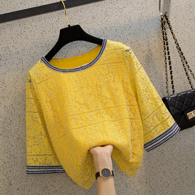 Jauna modeļa sieviešu mežģīņu blūze ar ovālu kakla izgriezumu un 3/4 platām piedurknēm