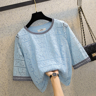 Jauna modeļa sieviešu mežģīņu blūze ar ovālu kakla izgriezumu un 3/4 platām piedurknēm