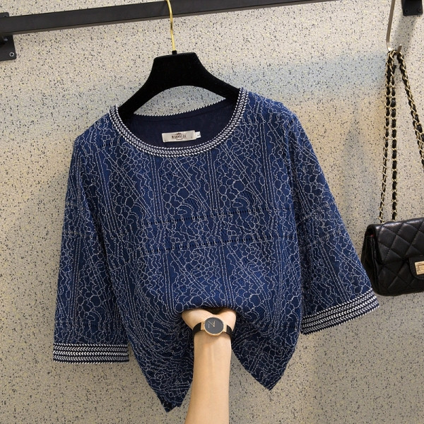 Jauna modeļa sieviešu mežģīņu blūze ar ovālu kakla izgriezumu un 3/4 platām piedurknēm