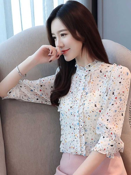 Дамска стилна риза с полувисока яка и 3/4 ръкав