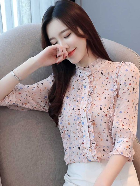 Дамска стилна риза с полувисока яка и 3/4 ръкав