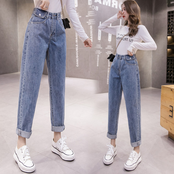 Ikdienas sieviešu džinsi ar augstu vidukli un kabatām - taisns modelis