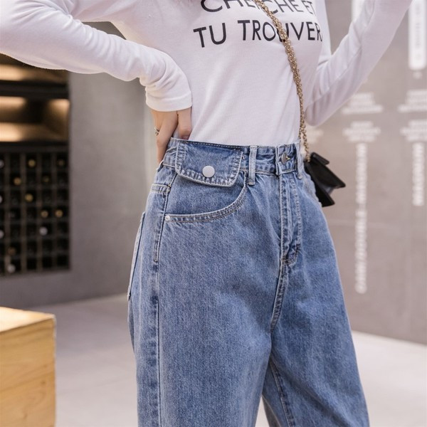 Ikdienas sieviešu džinsi ar augstu vidukli un kabatām - taisns modelis