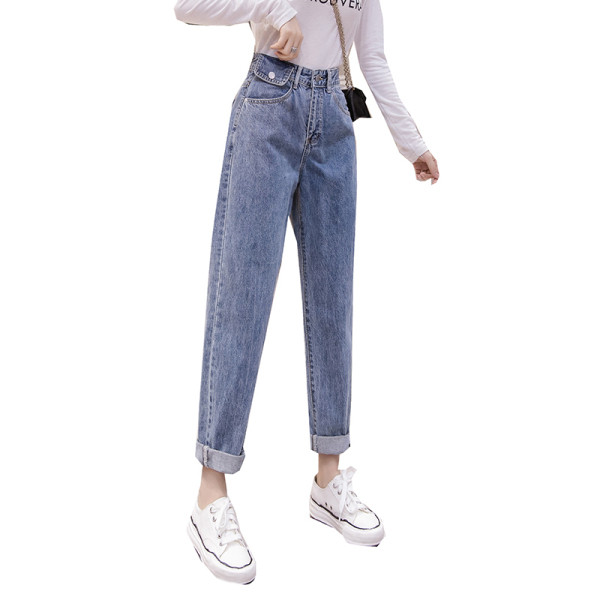 Ikdienas sieviešu džinsi ar augstu vidukli un kabatām - taisns modelis