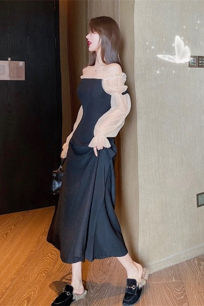 Дълга дамска рокля с паднали ръкави от тюл 