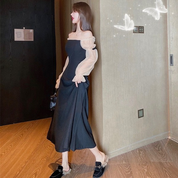 Дълга дамска рокля с паднали ръкави от тюл 