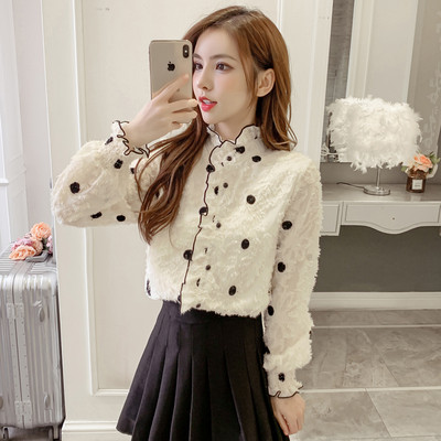 Ежедневна дамска риза на точки с копчета и дълъг ръкав 