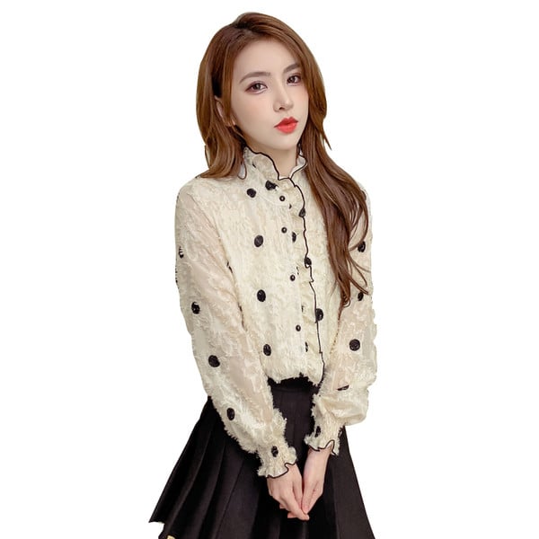 Ежедневна дамска риза на точки с копчета и дълъг ръкав 