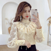 Šiuolaikiški moteriški nėriniuoti marškiniai aukšta apykakle ir ilgomis rankovėmis