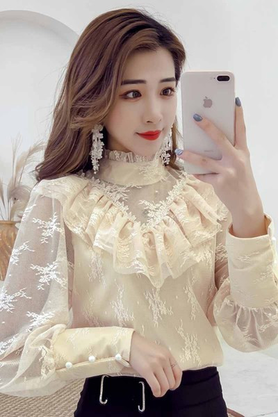 Šiuolaikiški moteriški nėriniuoti marškiniai aukšta apykakle ir ilgomis rankovėmis