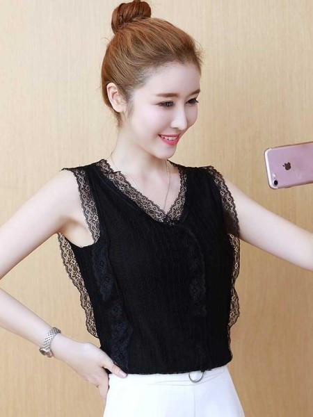 Дамски ежедневен дантелен потник в бял и черен цвят