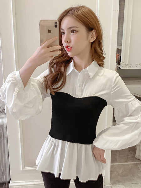 Naiste pikk pluus kolmes värvitoonis klassikalise kraega