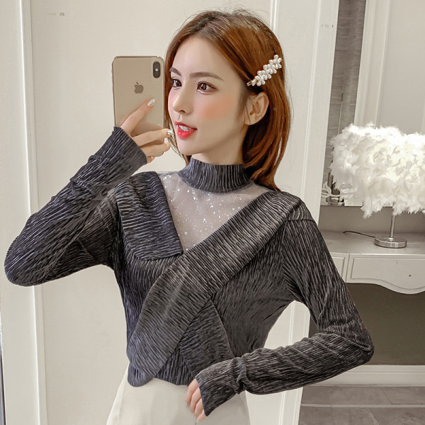 Női modern blúz két színben, félmagas gallérral és tüllvel