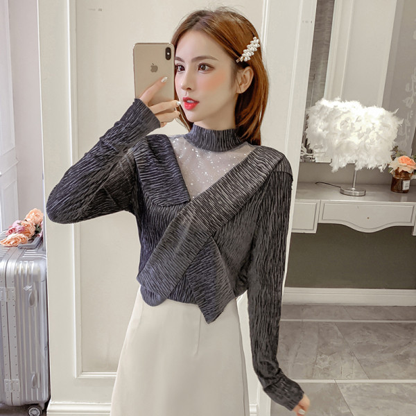 Női modern blúz két színben, félmagas gallérral és tüllvel