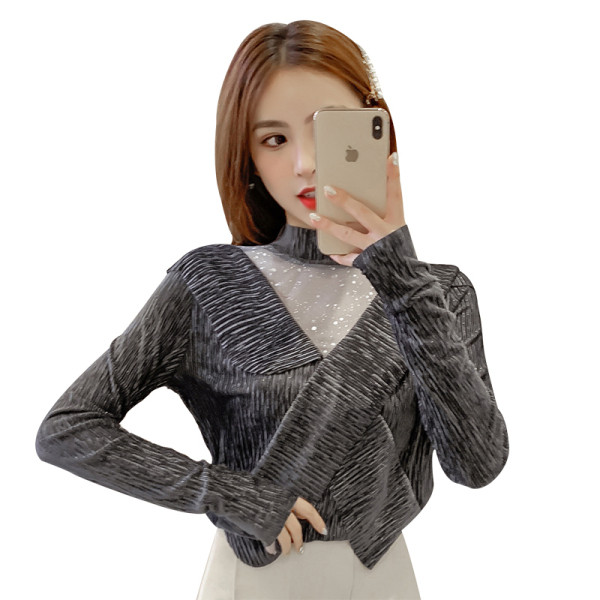 Női modern blúz két színben, félmagas gallérral és tüllvel