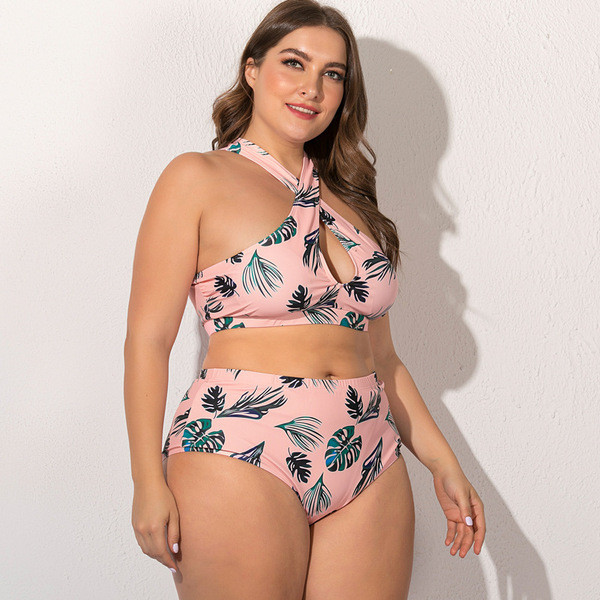 Costum de baie marime din doua piese cu model floral in roz -5XL