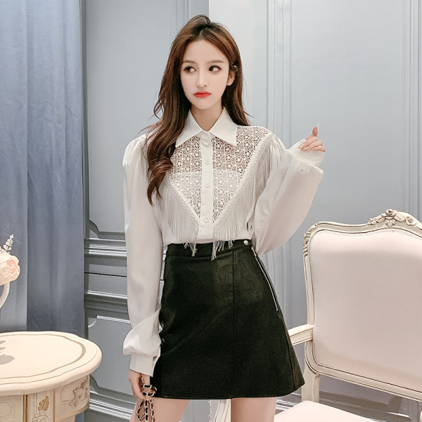 Retro stila sieviešu krekls ar mežģīnēm un klasisku apkakli